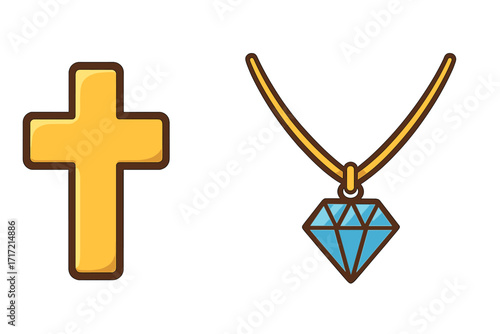 Faith and fortune concept icons. Golden Christian cross and diamond pendant necklace. Religious symbol of belief and luxury jewelry representing wealth. Flat vector cartoon set.