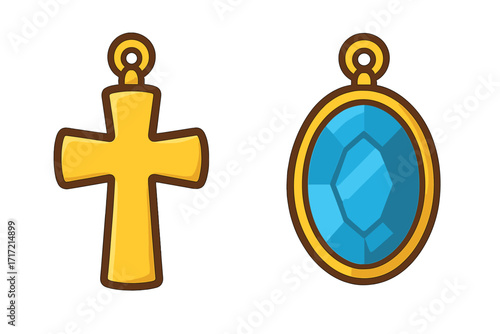 Golden cross and blue gem locket icon set. Cartoon vector illustration of religious christian jewelry and precious stone amulet. Faith symbol and treasure pendant graphic.