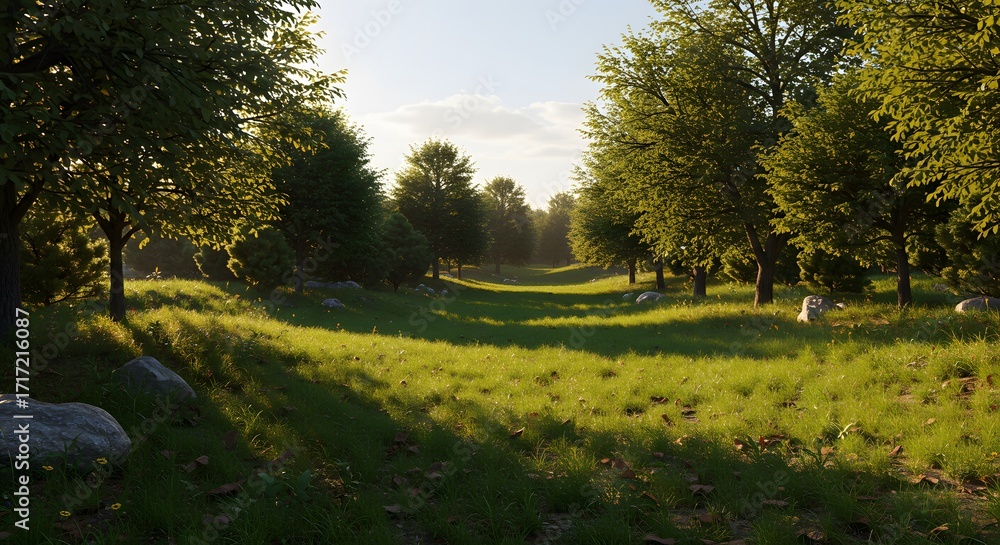 Fototapeta premium Sunny meadow with trees
