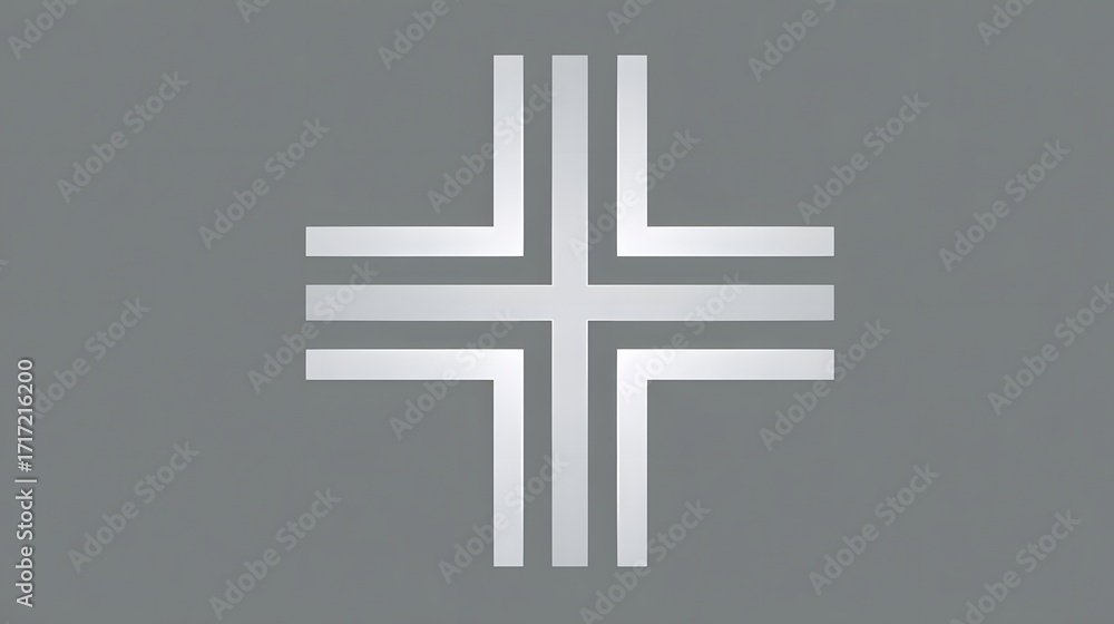 Fototapeta premium Stylized, geometric cross symbol in a simple, minimalist design against a neutral gray background, creating a clean, tranquil and spiritual visual representation.