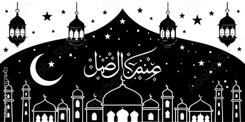 Create a high-resolution image featuring elegant Arabic calligraphy that says 'عيدكم مبارك' (Eidkum Mubarak) in a bold, artistic style. Use a modern black and gold color palette. Include the English t