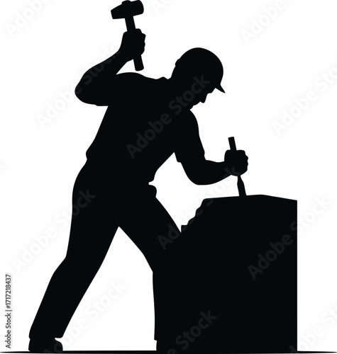Silhouette of a skilled craftsman carving stone with hammer and chisel representing creation and hard work vector