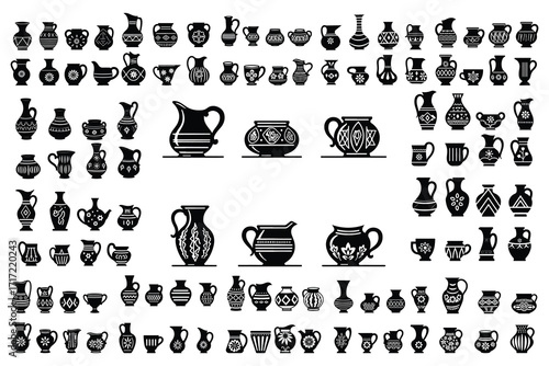 Collection of black ceramic pottery silhouettes with decorative patterns