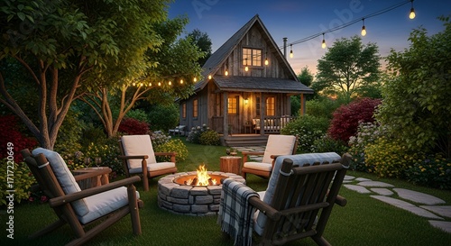 Cozy backyard retreat with a crackling fire pit surrounded by adirondack chairs, string lights illuminating the lush greenery, and a charming rustic cabin in the background, creating a serene and invi