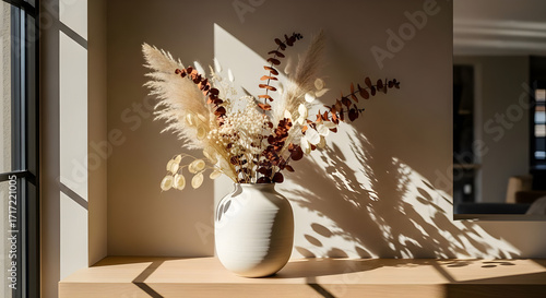 Earthy Dried Flowers in Ceramic Vase Illuminated by Golden Sunlight, Creating Abstract Shadows on Wall