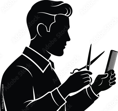 Silhouette of a barber with scissors and comb preparing for a haircut creating a stylish hairstyle for a client vector