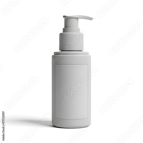 Blank white cosmetic pump bottle mockup with empty label for product branding on isolated background