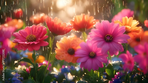 Colorful flowers in a garden bathed in sunlight and rain
