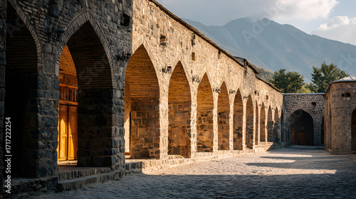 Historic caravanserai architecture with stone arches and wooden doors