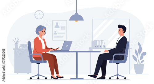Vector art of two people are sitting at a table in an office, one is interviewing the other