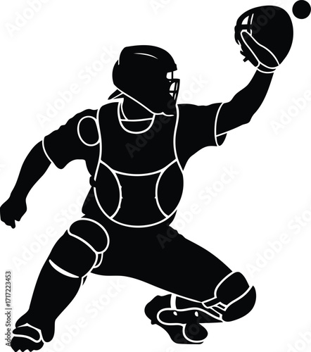 Baseball catcher silhouette dynamic action pose ready to catch ball sports game illustration vector