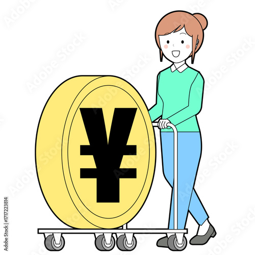 キャスターでお金を運ぶ女性