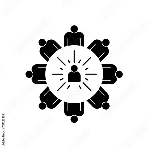 A black and white icon featuring a circle of people's silhouettes, with one person in the center highlighted by a flash of light or a positive symbol