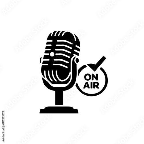 A black and white icon of a classic, vintage-style microphone with an "on air" or broadcast symbol. This design captures the essence of live broadcasting, audio recording, and the golden age of radio