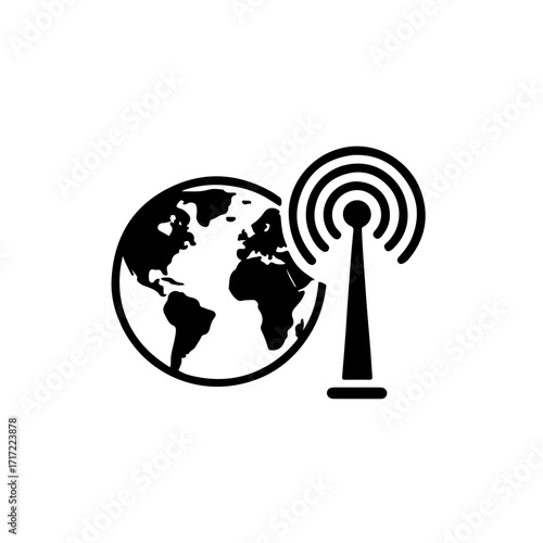 A black and white icon featuring a world map with a radio antenna on one side and spreading signal waves, symbolizing the global reach of radio communication