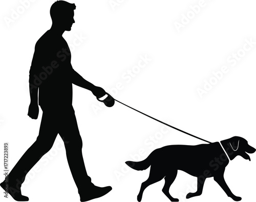 Silhouette of man walking dog on leash outdoors healthy lifestyle companionship animal care outdoor activity vector