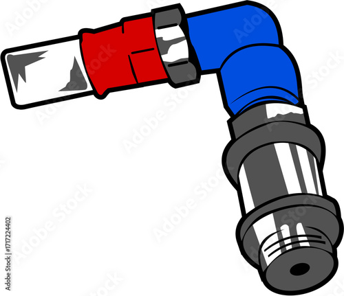 Detailed vector illustration of an L-shaped elbow pipe fitting with red and blue quick-connect components for industrial plumbing or pneumatic systems