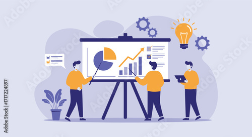 Vector art of business team analyzing financial charts and graphs on a presentation board, illustrating growth and strategy