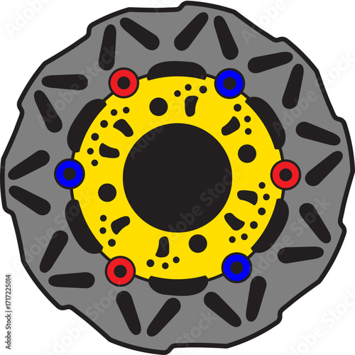 Technical vector illustration of a floating car brake disc rotor with a yellow hub. Stylized automotive part graphic isolated on a white background
