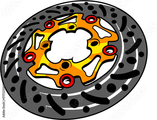 Motorcycle Brake Disc Detailed Illustration of a Motorcycle's Braking System Component, with Perforations and Orange Highlights