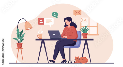 Vector art of woman working on a laptop at a desk in a home office with plants and a cat