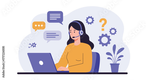 Vector art of customer service representative wearing a headset and working on a laptop, with chat bubbles and gears in the background