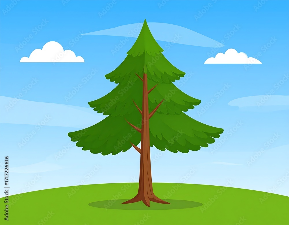 Obraz premium Cartoon fir tree on a hill against a clear sky