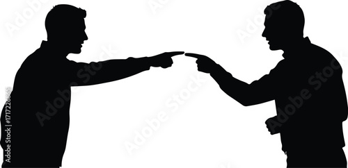 Conflict and Communication Silhouette Vector – Black and White Illustration of Two People Face-to-Face, Pointing Fingers, Debating or Discussing, Representing Disagreement, Dialogue, Partnership