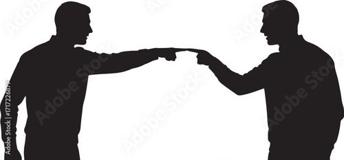 Conflict and Communication Silhouette Vector – Black and White Illustration of Two People Face-to-Face, Pointing Fingers, Debating or Discussing, Representing Disagreement, Dialogue, Partnership