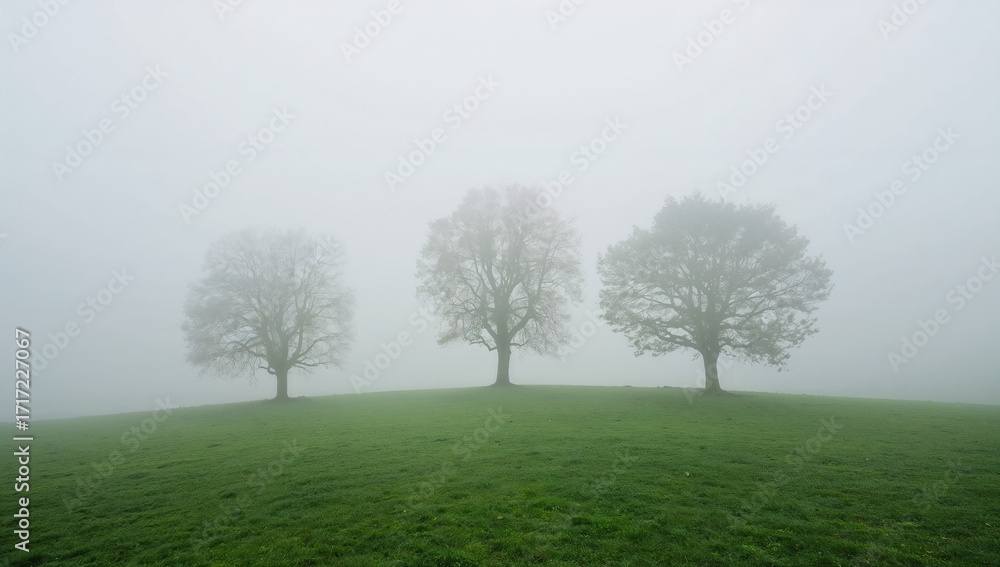 Obraz premium A serene landscape three bare trees stand on a foggy green hill