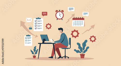 Vector art of a person working diligently at a desk, surrounded by icons representing productivity, time management, and business tasks