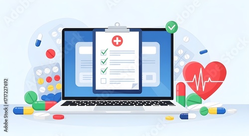 Online Medical Consultation: Telemedicine & Digital Health - Laptop, Chart & Pills, Virtual Healthcare