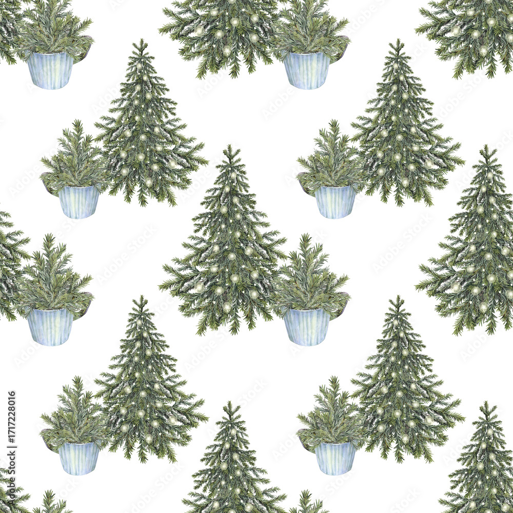 Fototapeta premium Watercolor seamless pattern with Christmas tree with gold garland on white background. Forest evergreen fir or pine for sticker or card. Hand-drawn art for New Year celebration wrapping or wallpaper