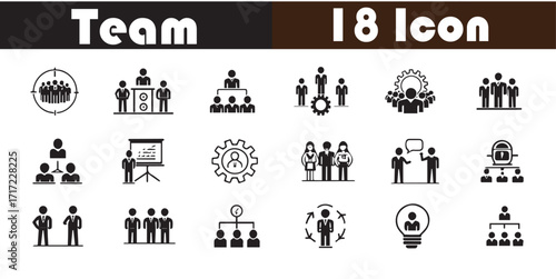 Modern teamwork and collaboration icon set with diverse figures isolated on white background
