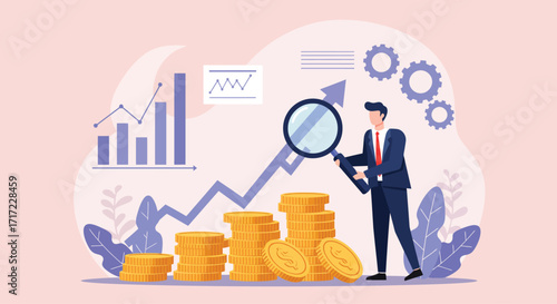 Vector art of businessman with magnifying glass analyzing financial growth chart with stacks of coins and gears in the background, representing investment and strategy