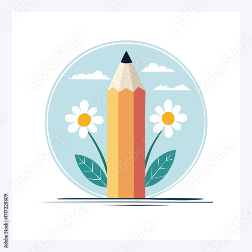 Creative Pencil Illustration with Floral Accents in a Circular Composition Art Concept