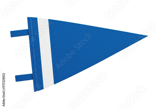A single, brand-new, blank, blue felt pennant flag with a white stripe and ties, isolated on a transparent background with copy space, perfect for branding concept
