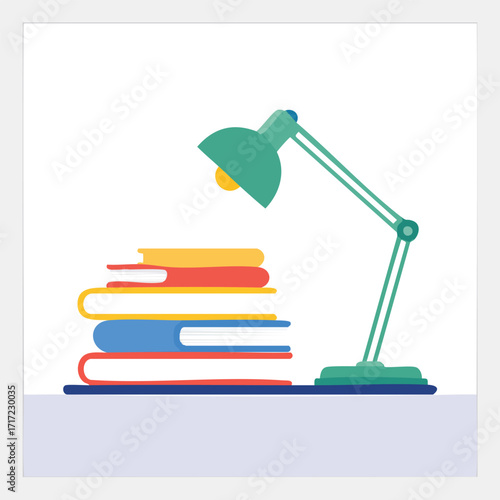 Stack of colorful books and a modern desk lamp, symbolizing focused study, education, and knowledge acquisition in a clean flat design illustration