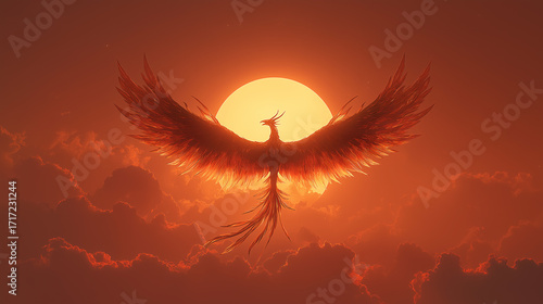 Phoenix flying over a beautiful sunset