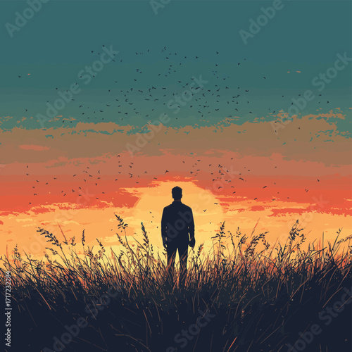 rear view carefree freedom successful male standing confident looking at the end of skyline in the grass field meadow landscape summertime sunset moment nature background