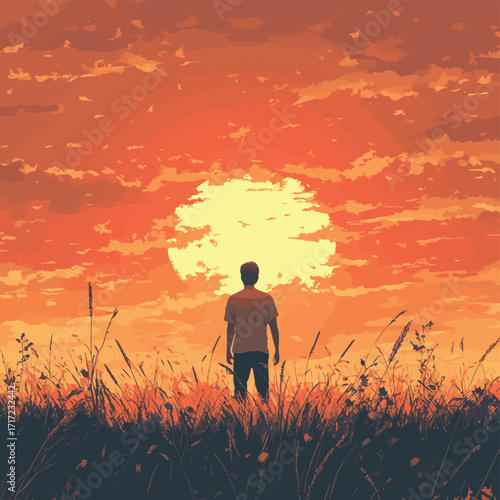 rear view carefree freedom successful male standing confident looking at the end of skyline in the grass field meadow landscape summertime sunset moment nature background