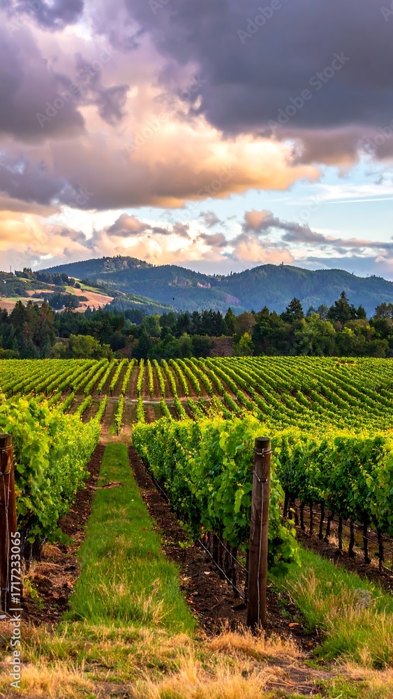 Fototapeta premium Lush vineyard landscape at sunset