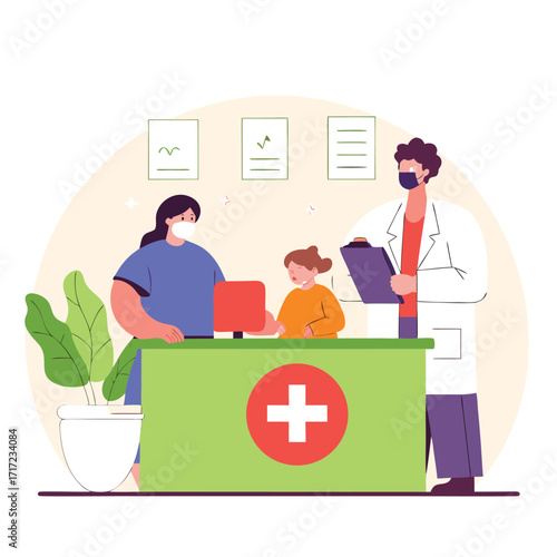 Caring doctor checks on young patient at clinic reception with concerned parent, symbolizing pediatric healthcare and medical support