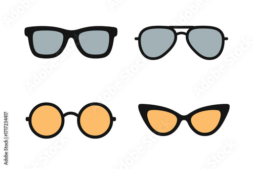 Sunglasses set vector collection. Fashion eyeglasses of different shapes. Cat eye, aviator, round glasses and classic retro style. Summer sun protection eyewear accessory icon.