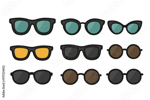 Sunglasses set vector illustration. Collection of different fashion eyeglasses icons. Retro and modern eyewear styles. Sun protection accessory. Flat design cartoon graphic element.