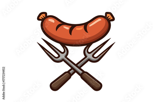 Barbecue sausage and crossed forks logo. Vector icon for grill restaurant menu or butcher shop. Grilled meat concept for summer cookout, picnic, or BBQ party illustration.