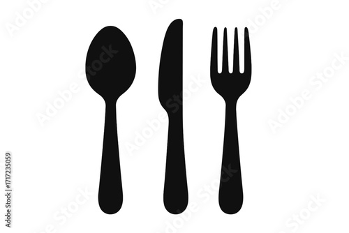 Cutlery set icon with spoon, knife, and fork. Black silhouette vector illustration. Concept for restaurant, dinner, meal, eating, kitchenware, and tableware graphic.