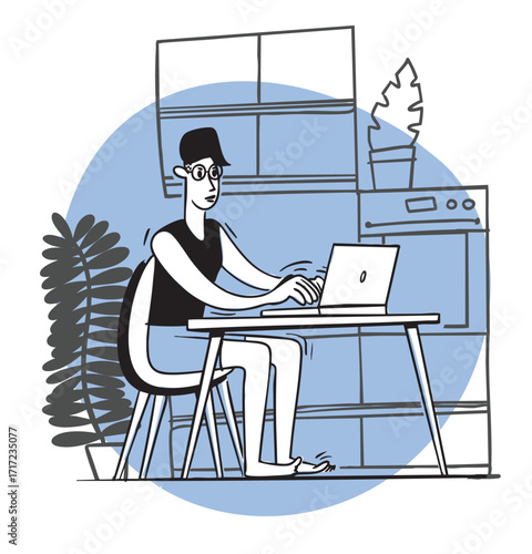 Freelance girl working on her laptop on the couch at home. Remote, freelance, contractor, part-time, businesswoman. Hand-drawn conceptual illustrations. Cartoon style in vector