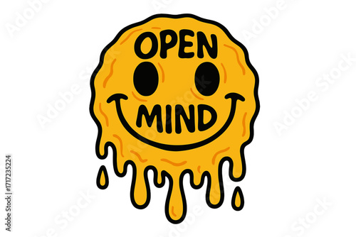 Funny melt smile face with Open Mind quote. Trippy smiley psychedelic concept. Groovy liquid emoji for acid trip. Vector hand drawn illustration for print, poster, t-shirt.