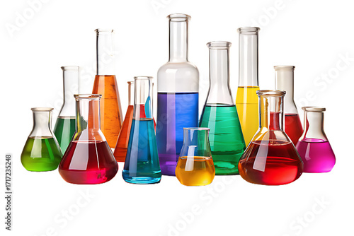 Diverse laboratory flasks filled with vibrant colored liquids on glassware isolated on a transparent background
